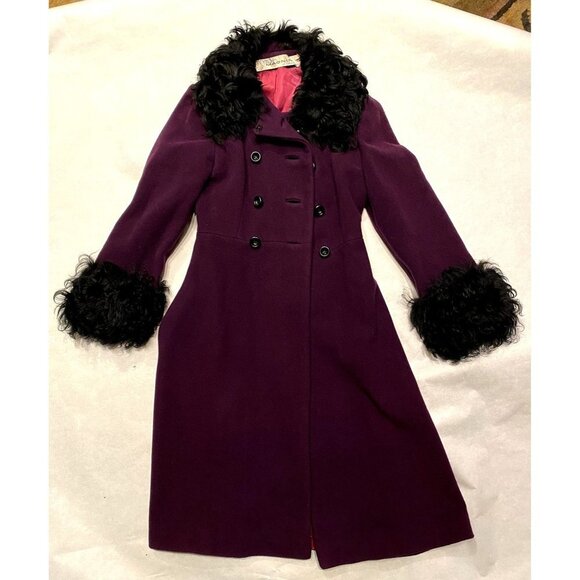 Retro VTG Purple Miss Magnin for I. Magnin Wool Coat curly lamb collar cuffs XS - Picture 14 of 15